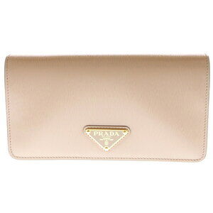 PRADA Logo Plate Chain Shoulder Bag Wallet Pink Beige Pink Tan Leather